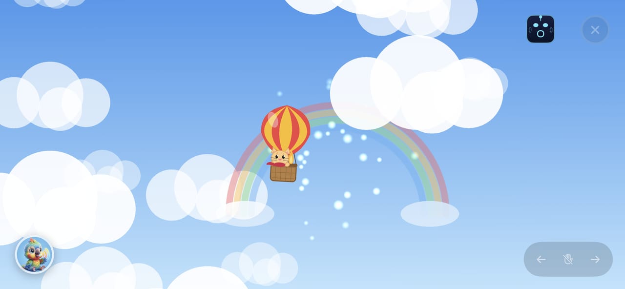 Aero-Voyage: a red-and-yellow striped hot air balloon rises past a rainbow through white clouds, trailing sparkles.