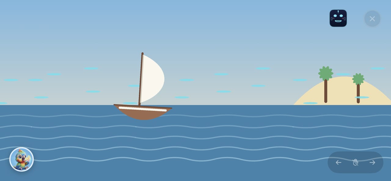 The Cloud Sailboat: a small boat with a white sail crosses a calm sea toward a sandy island with palm trees.