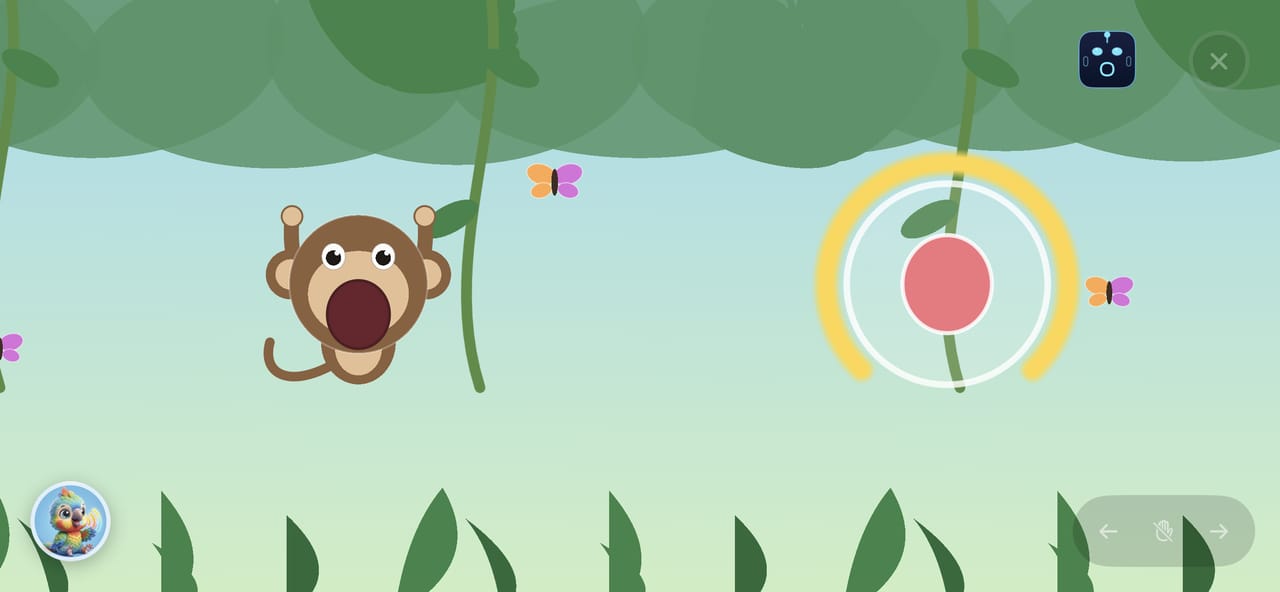 Mimic Jungle: a monkey hangs from a vine with its mouth wide open, beside a posture target ring.