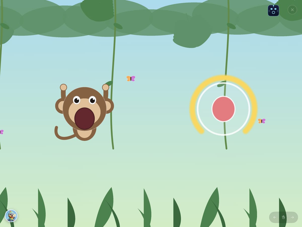 Mimic Jungle on iPad: a monkey mirrors the child's wide-open mouth while a golden ring fills to show how long the posture has been held.