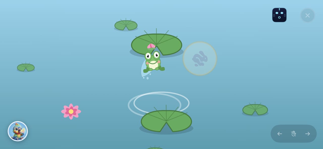 Pond Leap: a green frog sits on a lily pad in a blue pond, ready to hop to the next pad.