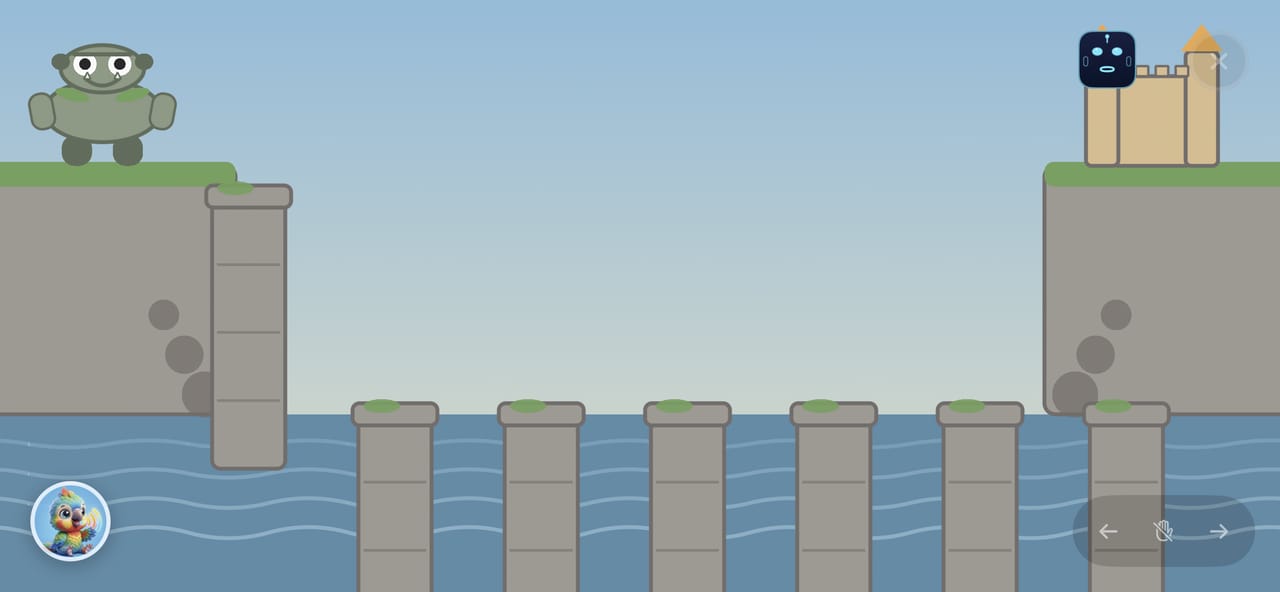 The Stomping Bridge: a stone troll waits on a cliff while stepping-stone pillars rise out of the river toward a castle on the far side.