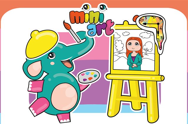 Mini Art: a smiling elephant artist paints a portrait on an easel.