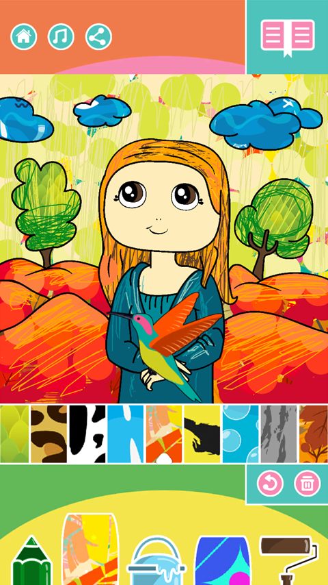 Une Joconde souriante tenant un colibri, avec des collines orange et des nuages bleus.
