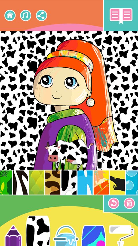 La Jeune Fille à la perle avec un foulard orange et un fond imprimé vache, accompagnée d'une petite vache issue du motif vache.