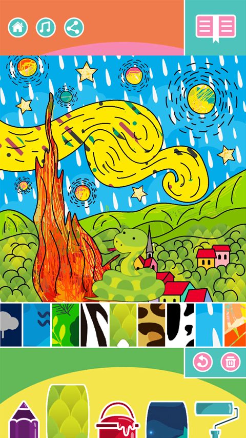 Une Nuit étoilée colorée avec un gentil serpent vert, une rangée de motifs et les outils de peinture en bas de l'écran.